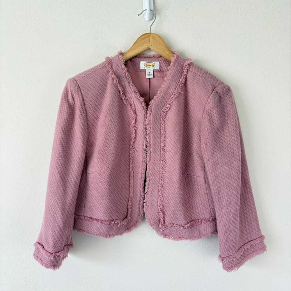 Talbots Petites Pink Tweed Fringe Open Front Cropped Shrug Jacket 3/4 Sleeve 16P